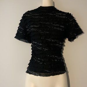 Petite TanJay Shimmer Ruffle Black Top